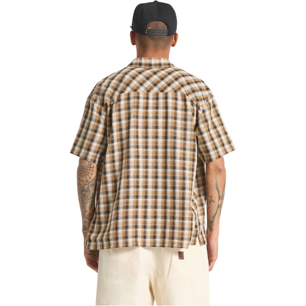 2026 Brixton Mens Cru Linen Blend Plaid Shirt 01508-BKTBP - Black / Tobacco Plaid